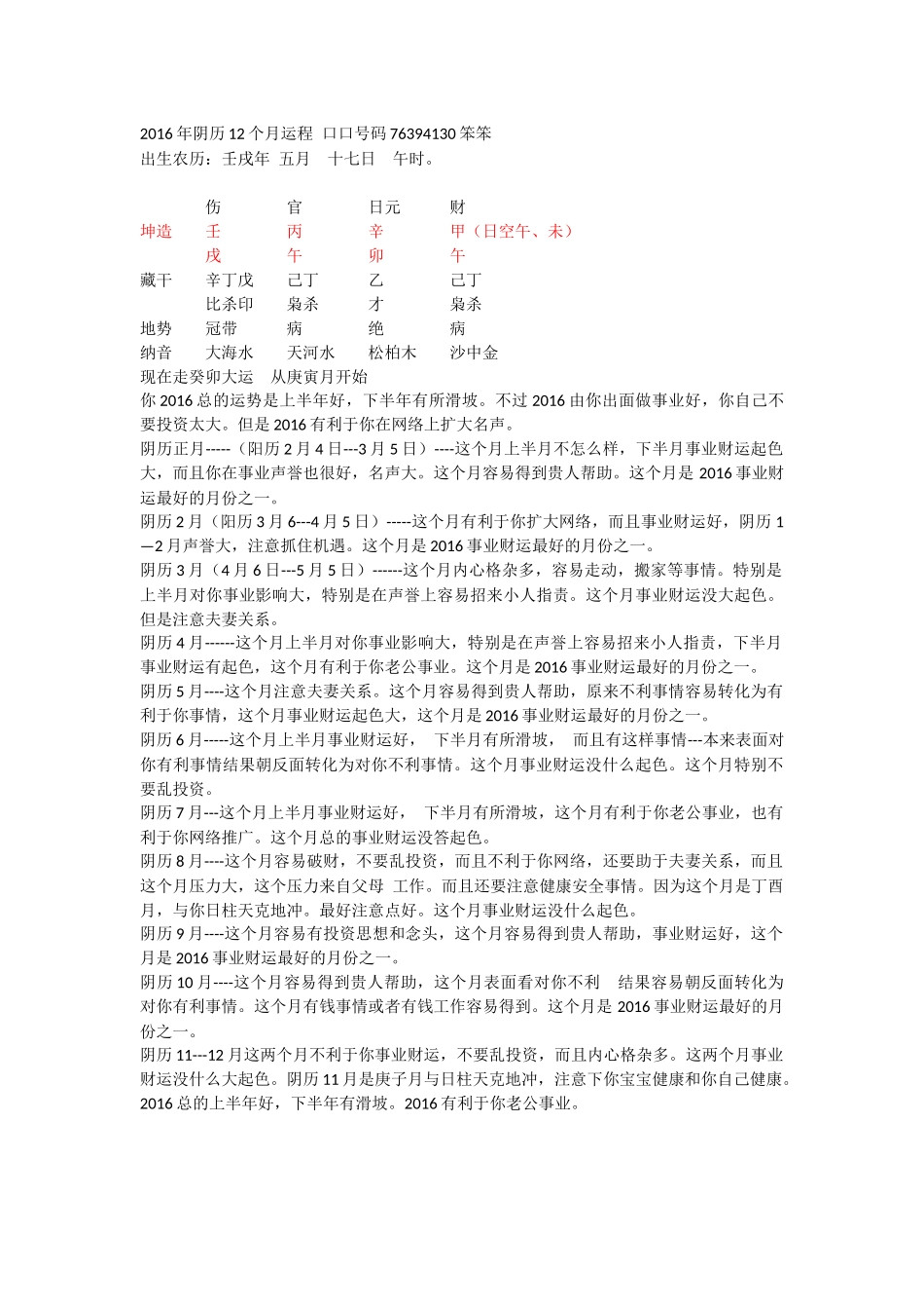 2016年阴历12个月运程口口号码76394130笨笨_第1页