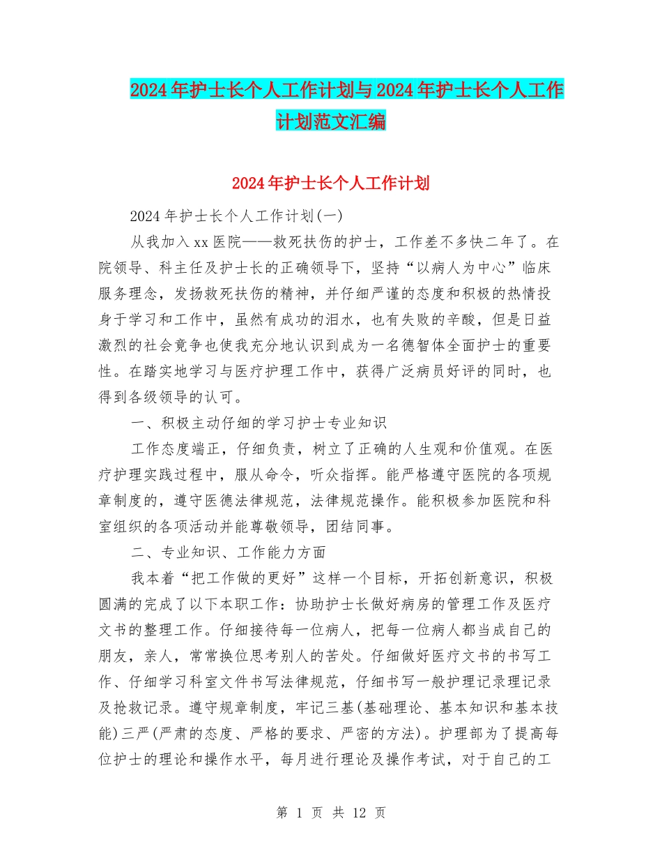 2024年护士长个人工作计划与2024年护士长个人工作计划范文汇编_第1页