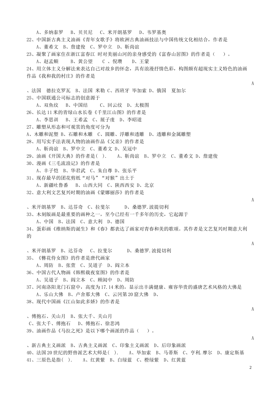 2016年初中学业水平美术笔试模拟试题_第2页