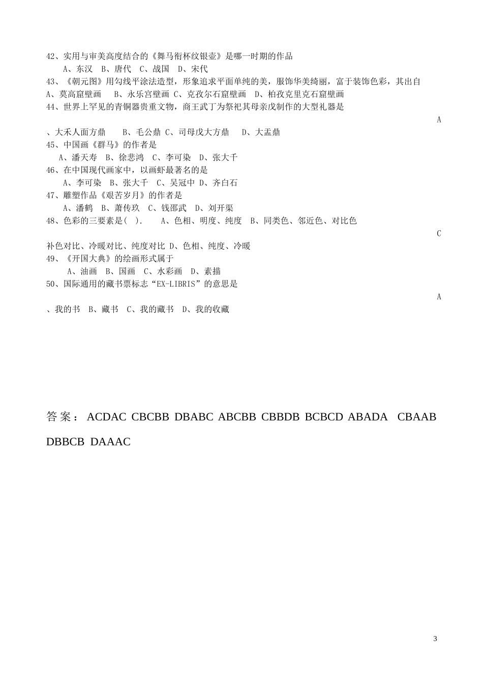 2016年初中学业水平美术笔试模拟试题_第3页