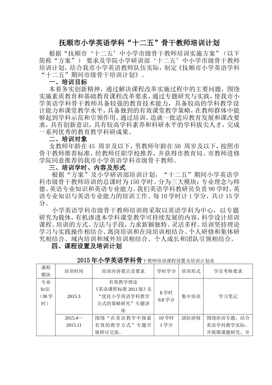 抚顺市“十二五”小学英语骨干培训计划2015[1][1]1(1)(1)_第1页