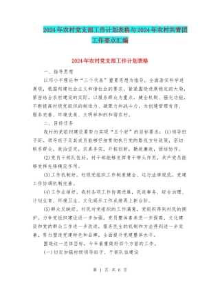 2024年农村党支部工作计划表格与2024年农村共青团工作要点汇编