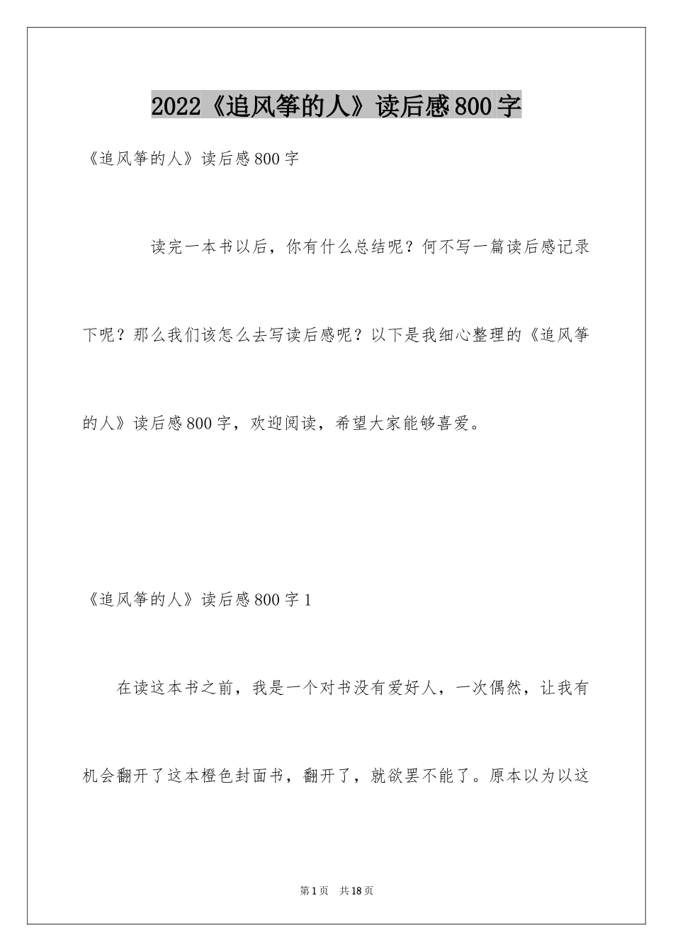 2024《追风筝的人》读后感800字_第1页