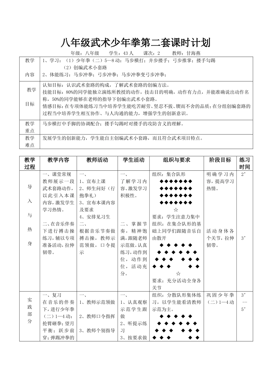 八年级武术少年拳第二套课时计划_第1页