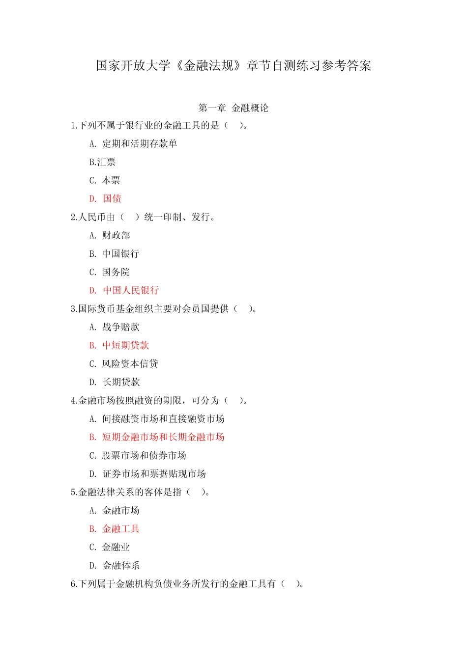 国家开放大学《金融法规》章节自测练习参考答案_第1页