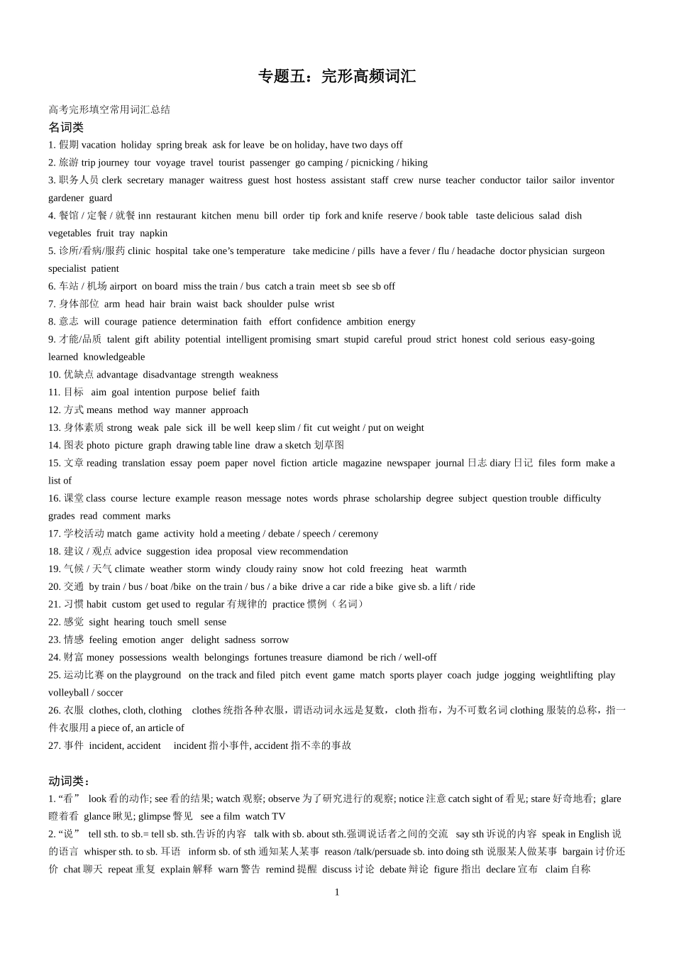 【临门一脚】2015年英语高考热点专题复习第二部分知识运用专题五：完形高频词汇_第1页