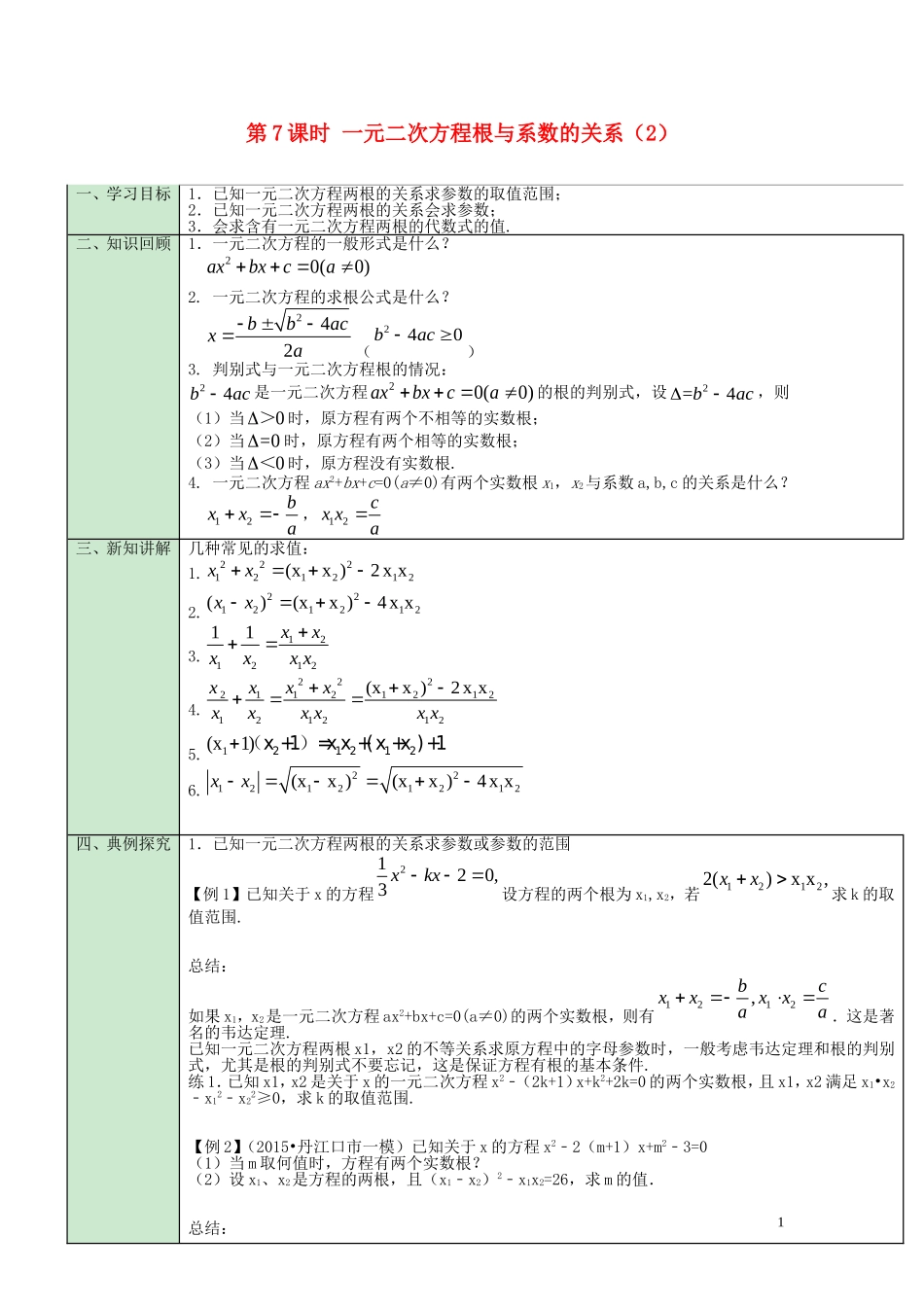第21章第7课时一元二次方程根与系数的关系（2）导学案_第1页