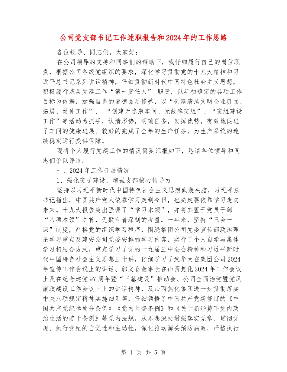 公司党支部书记工作述职报告和2024年的工作思路_第1页