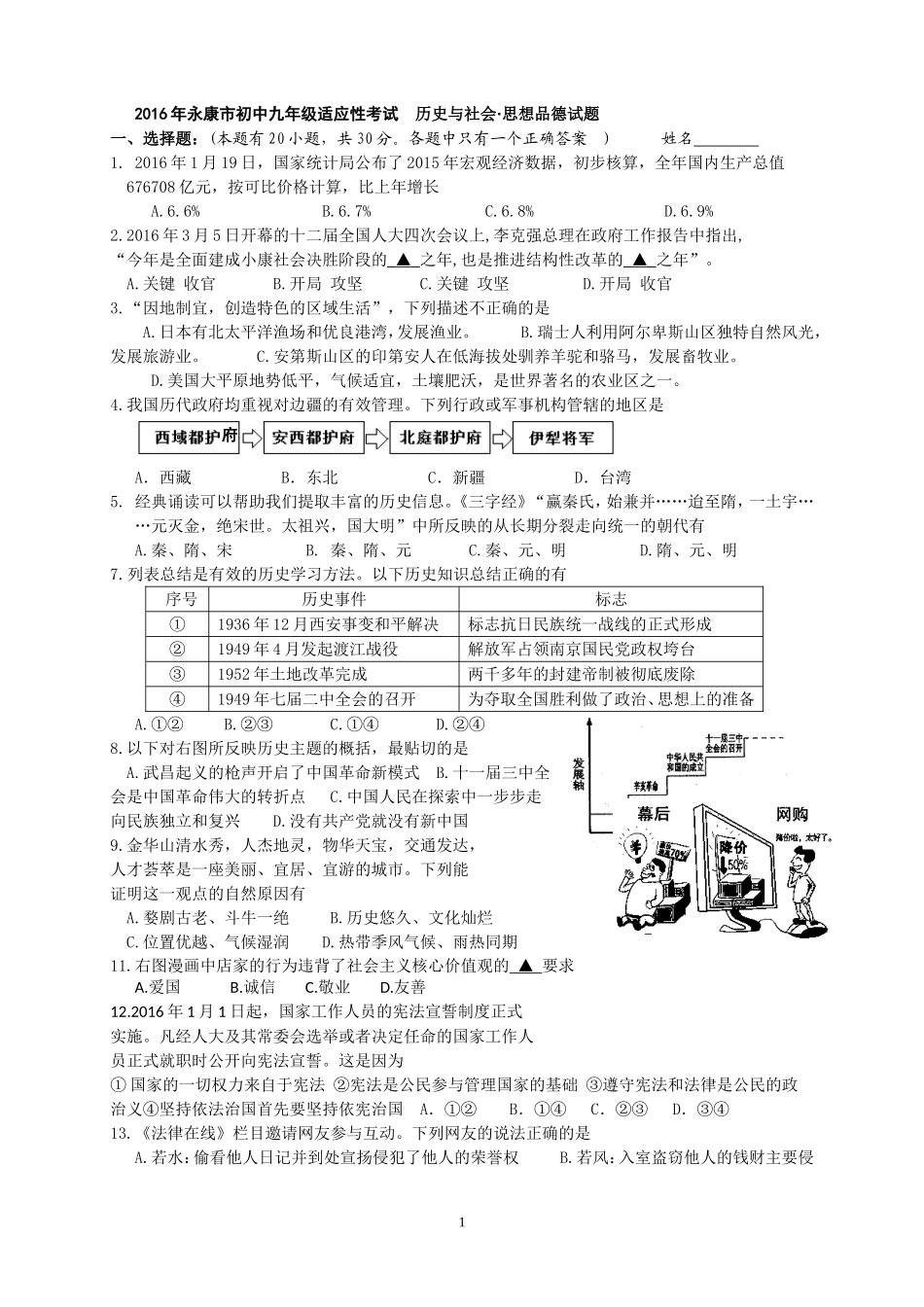 2016年适应性考试试题（20164）_第1页