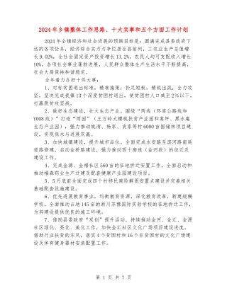 2024年乡镇整体工作思路、十大实事和五个方面工作计划