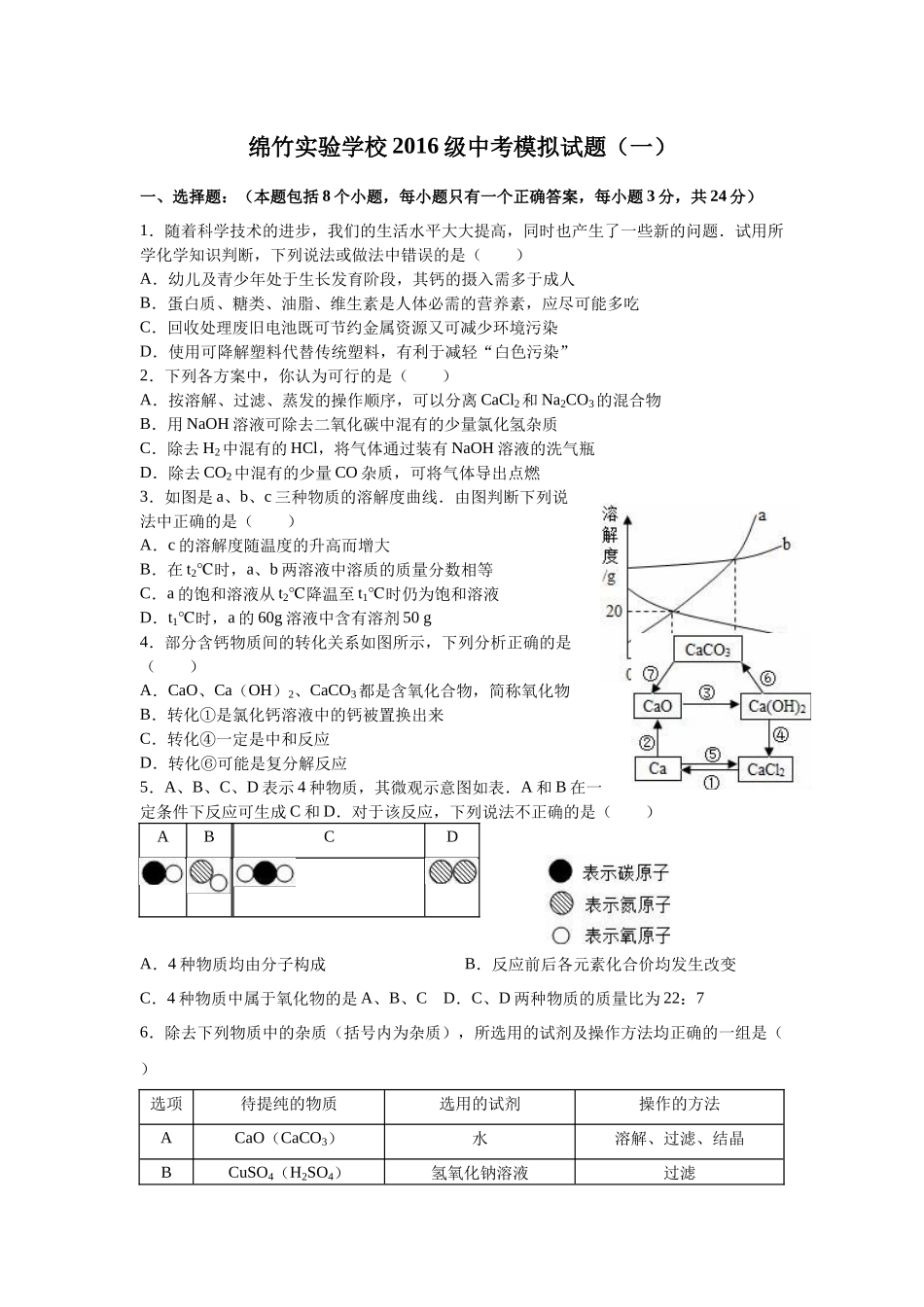 绵竹实验学校2016级中考模拟试题一_第1页