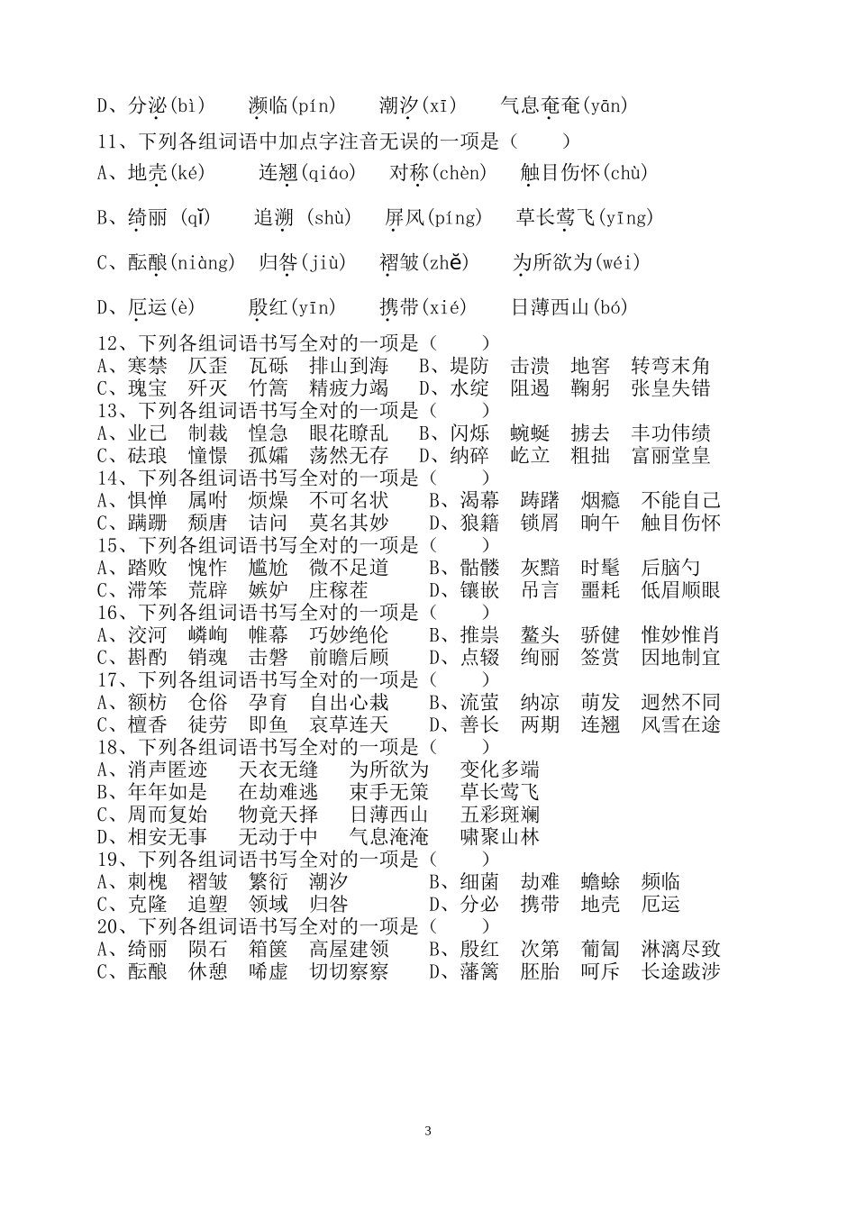 八年级上册复习：语文字词测试卷_第3页