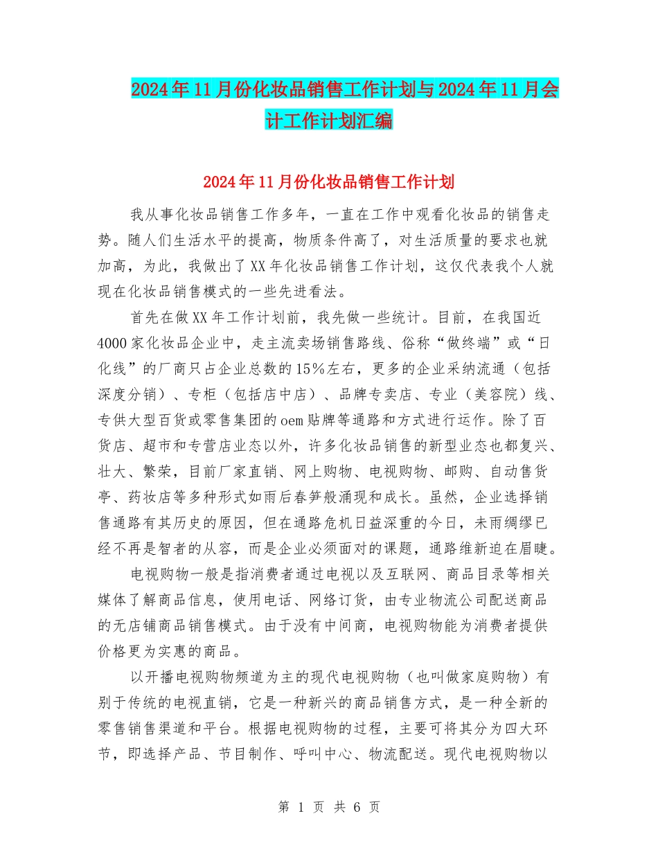 2024年11月份化妆品销售工作计划与2024年11月会计工作计划汇编_第1页
