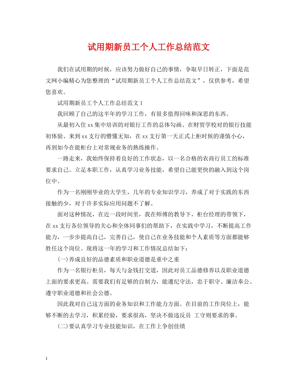试用期新员工个人工作总结范文_第1页