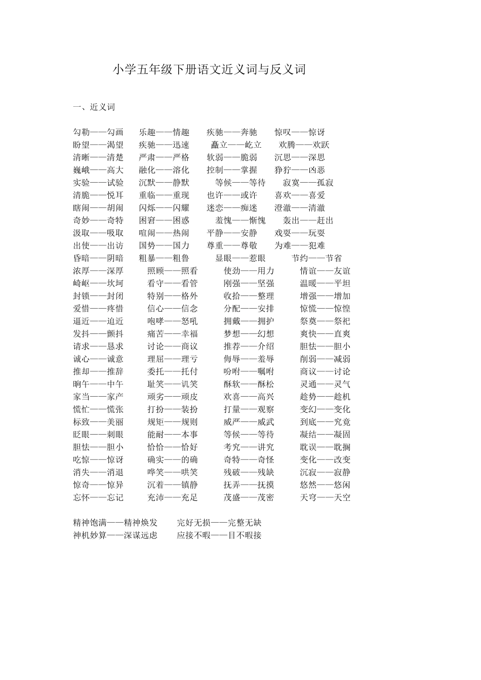 小学五年级下册语文近义词与反义词_第1页