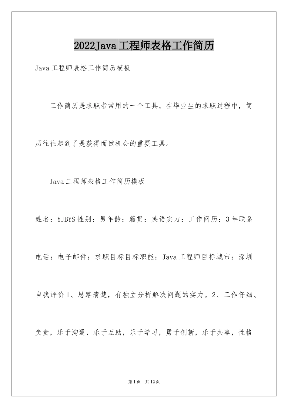 2024Java工程师表格工作简历_第1页