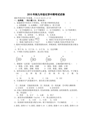 2015年秋九年级化学中期考试试卷