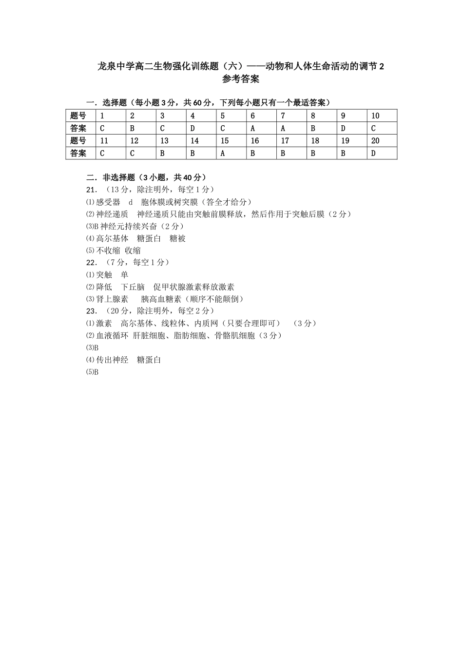 龙泉中学高二生物强化训练题（六）——动物和人体生命活动的调节2参考答案_第1页