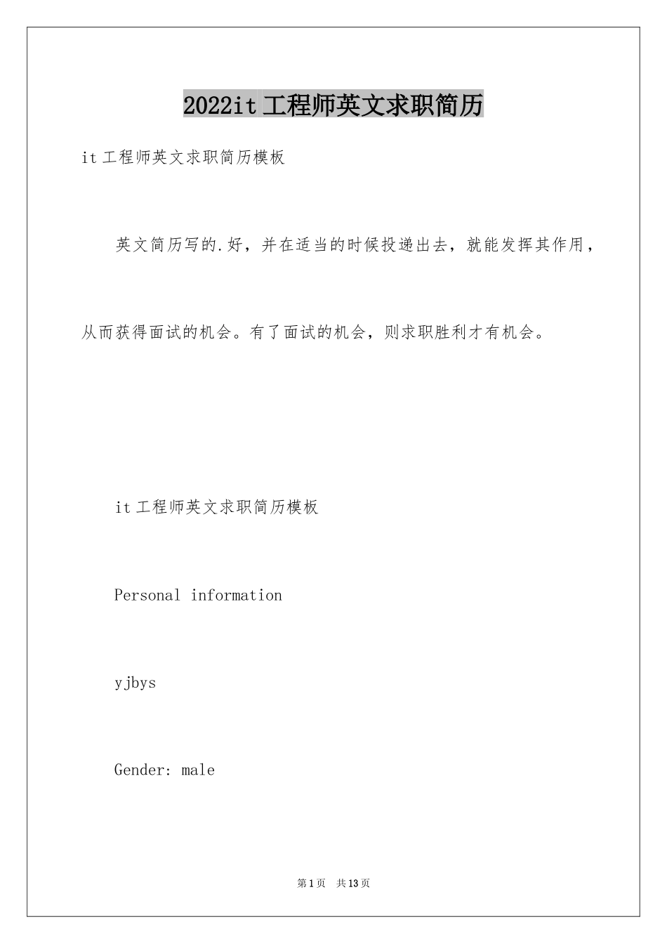 2024it工程师英文求职简历_第1页