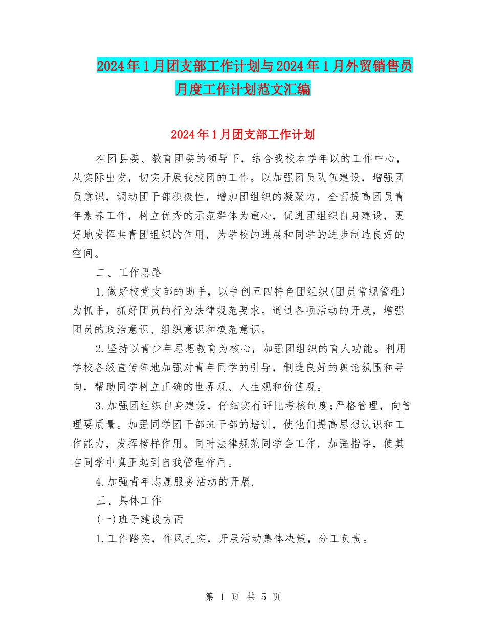 2024年1月团支部工作计划与2024年1月外贸销售员月度工作计划范文汇编_第1页