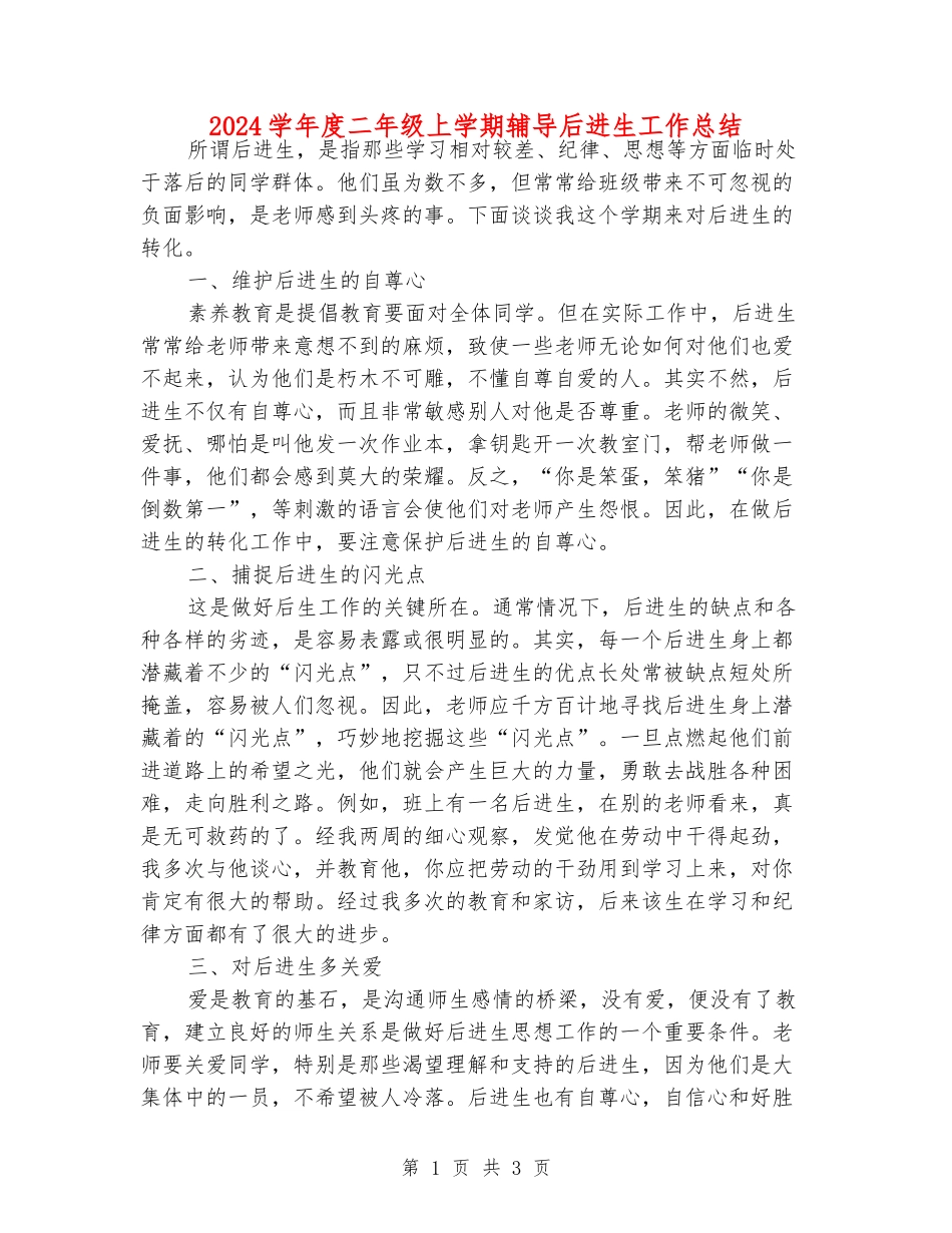 2024学年度二年级上学期辅导后进生工作总结_第1页