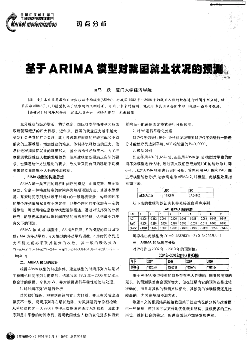 基于ARIMA模型对我国就业状况的预测_第1页