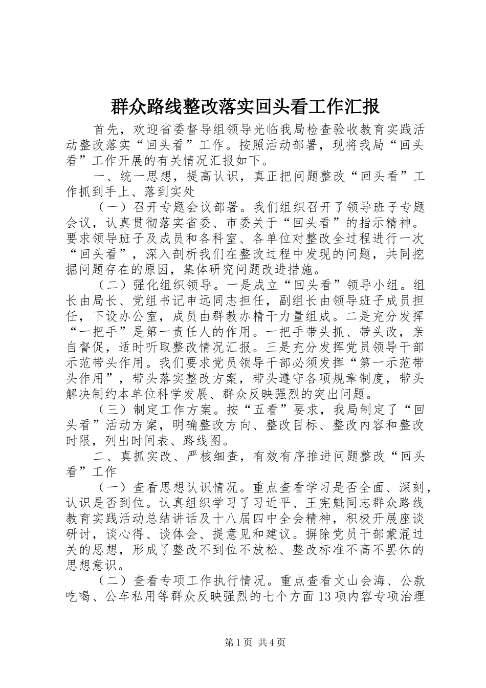 群众路线整改落实回头看工作汇报_第1页