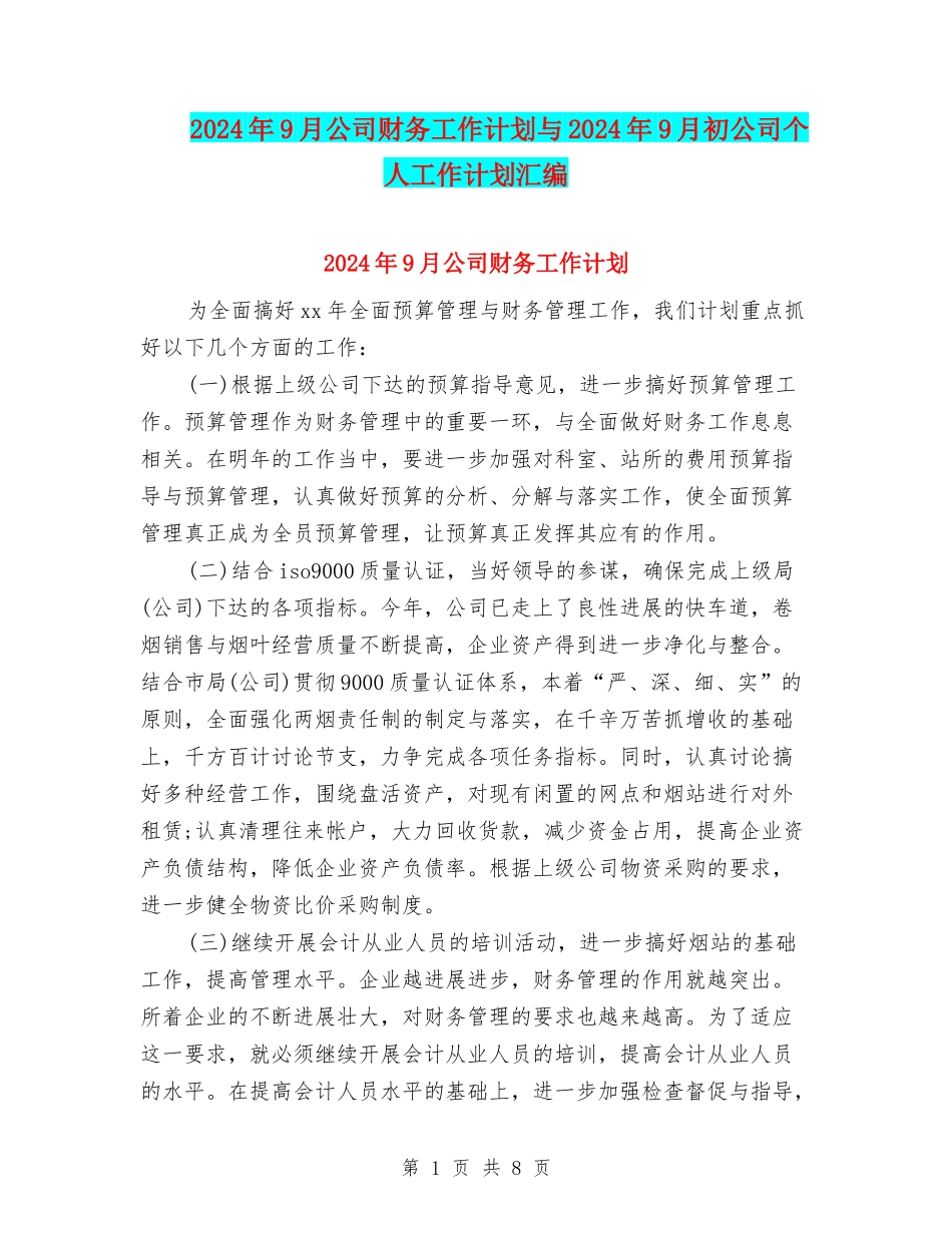 2024年9月公司财务工作计划与2024年9月初公司个人工作计划汇编_第1页