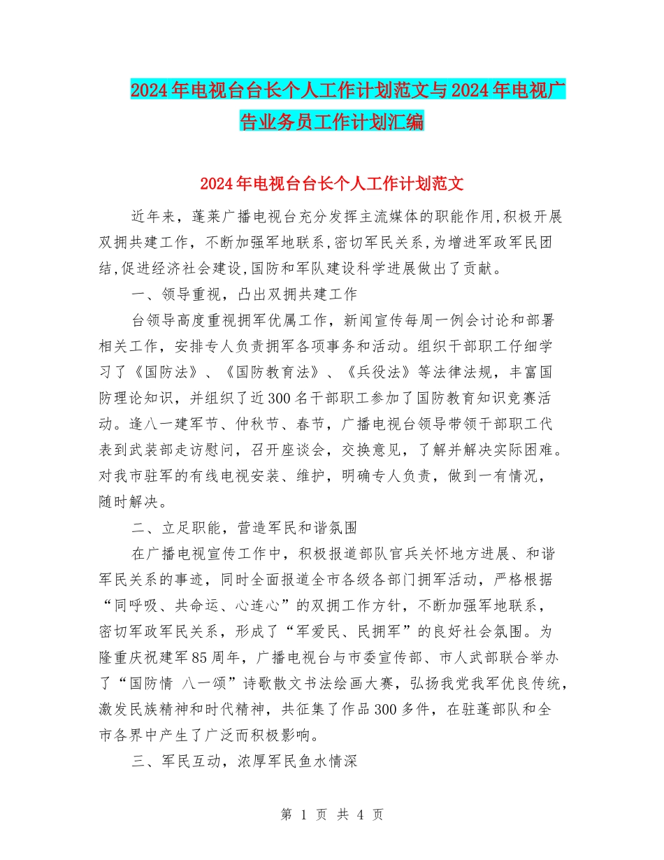 2024年电视台台长个人工作计划范文与2024年电视广告业务员工作计划汇编_第1页