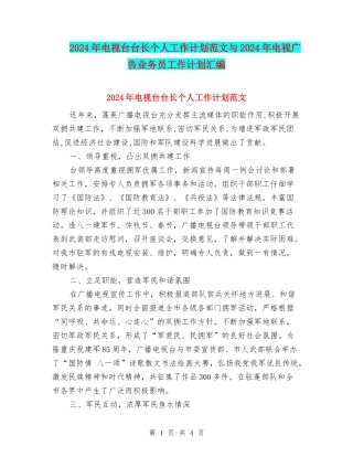 2024年电视台台长个人工作计划范文与2024年电视广告业务员工作计划汇编