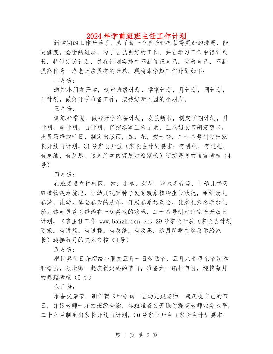 2024年学前班班主任工作计划_第1页