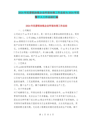 2024年民营铝冶炼企业环保治理工作总结与2024年民警个人工作总结汇编