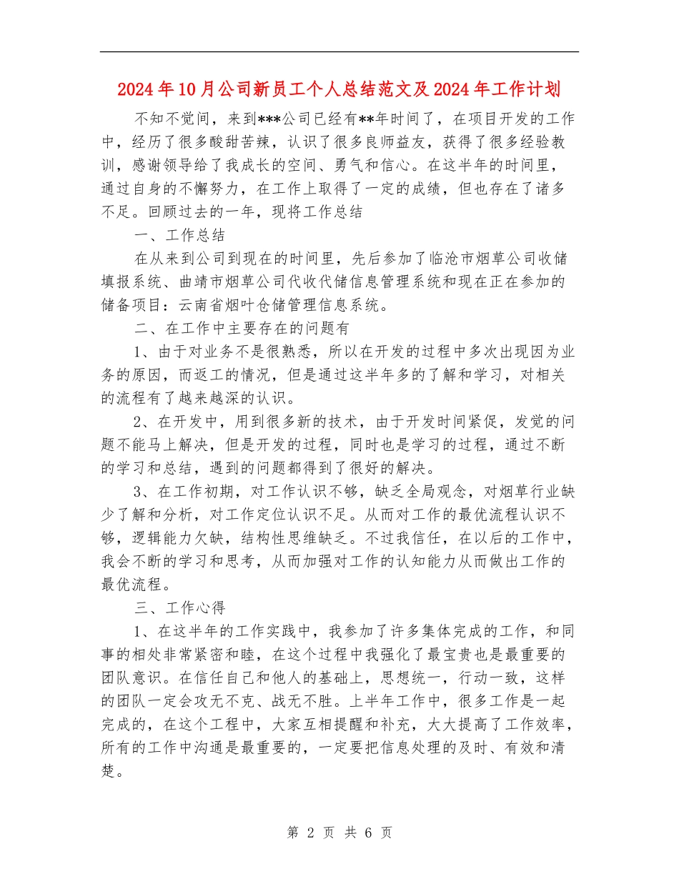 2024年10月公司新员工个人总结范文及2024年工作计划_第2页