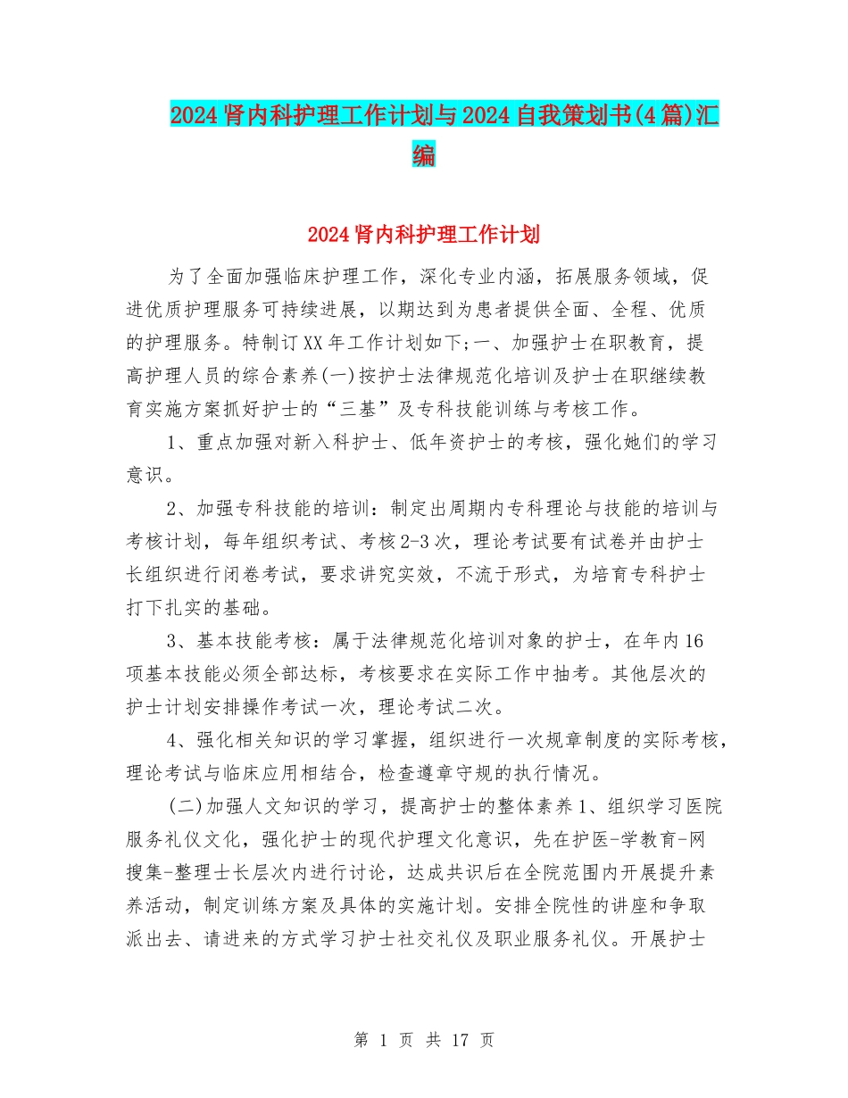 2024肾内科护理工作计划与2024自我策划书汇编_第1页