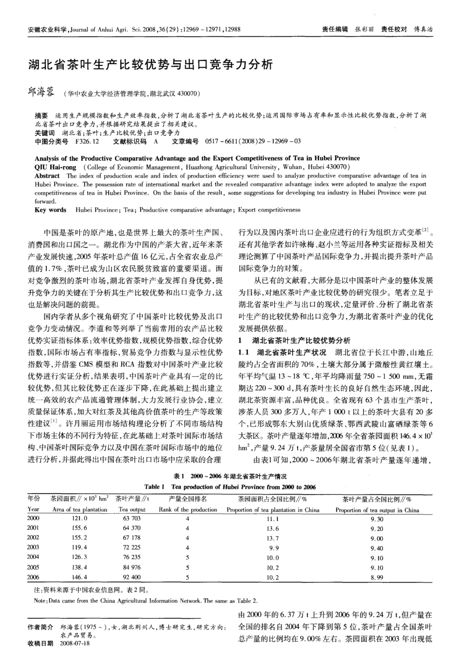 湖北省茶叶生产比较优势与出口竞争力分析_第1页