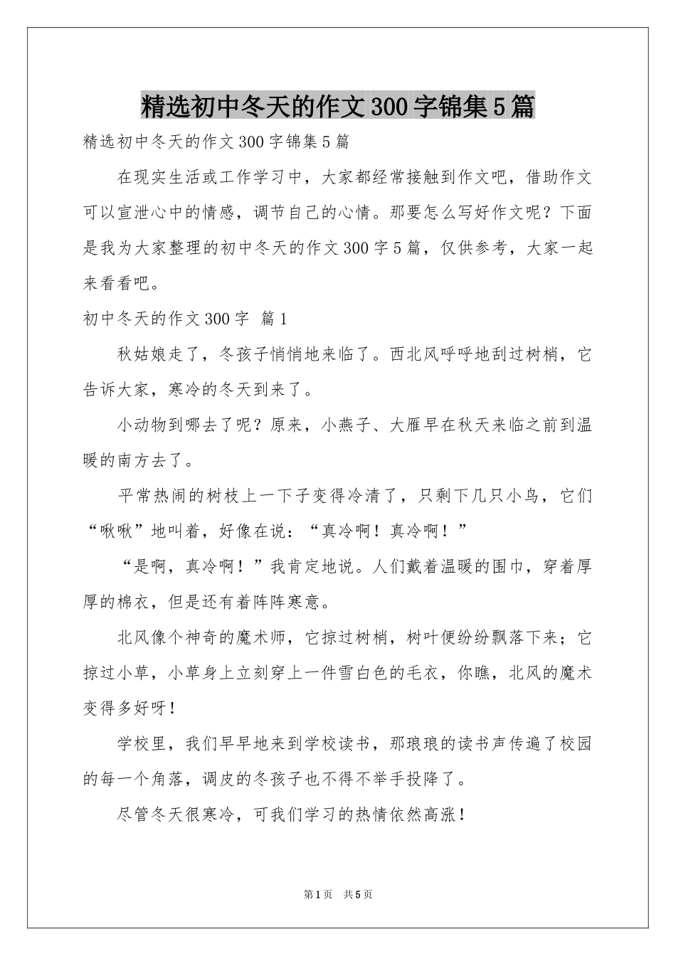 初中冬天的作文300字锦集5篇_第1页