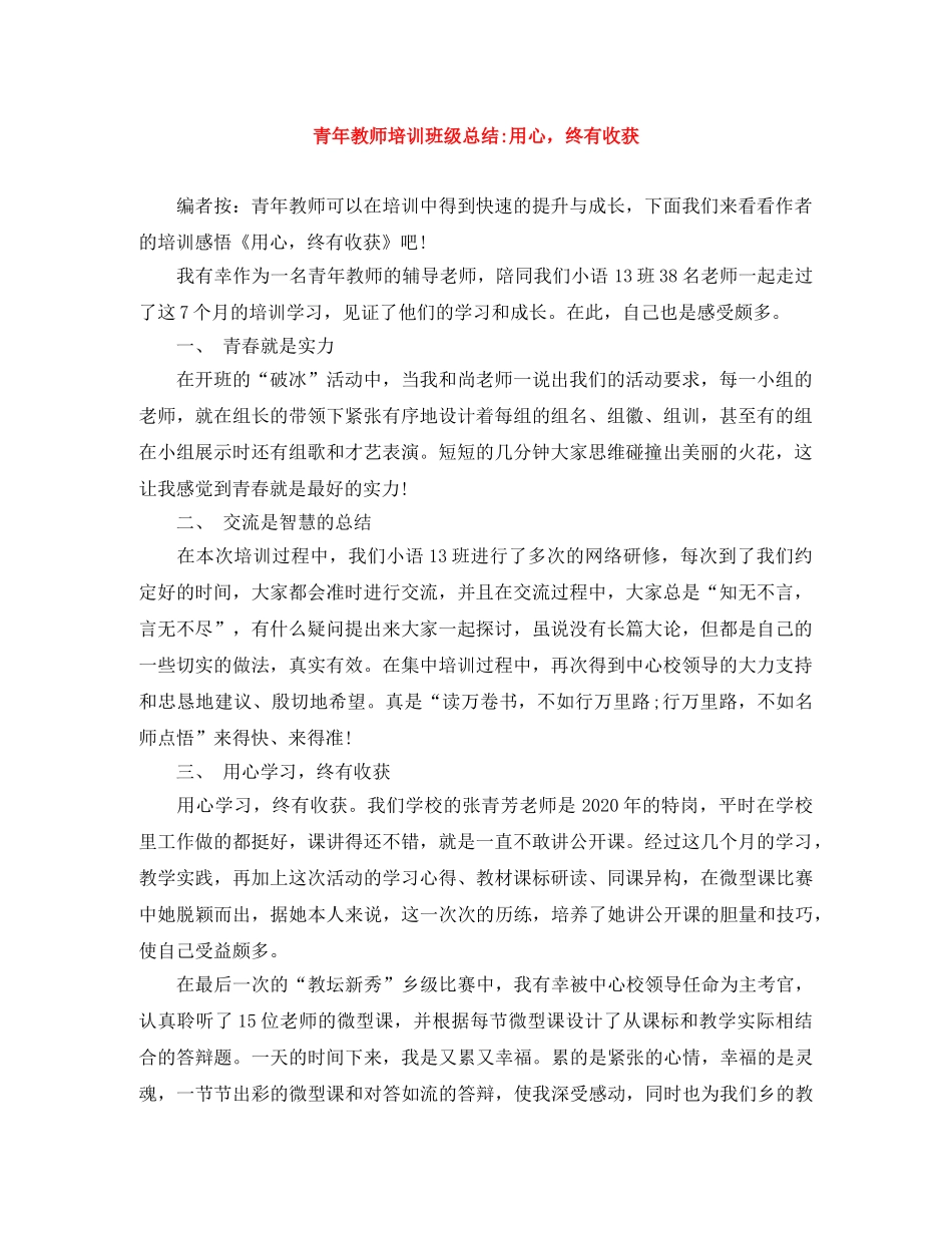 青年教师培训班级总结-用心，终有收获 _第1页
