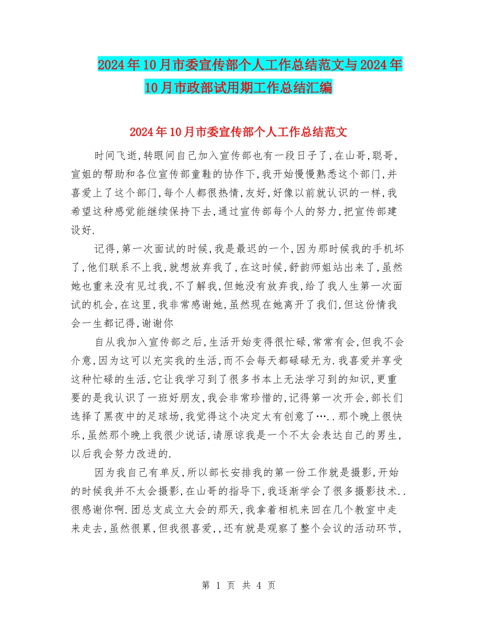 2024年10月市委宣传部个人工作总结范文与2024年10月市政部试用期工作总结汇编_第1页