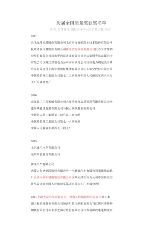 历届全国质量奖获奖名单