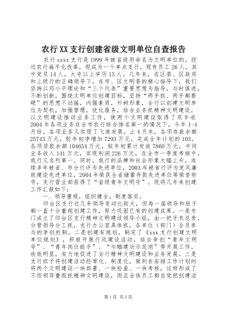 农行XX支行创建省级文明单位自查报告
