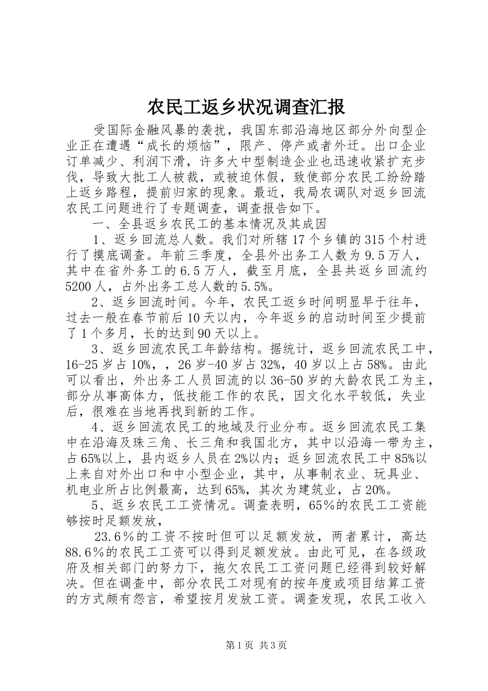 农民工返乡状况调查汇报_第1页