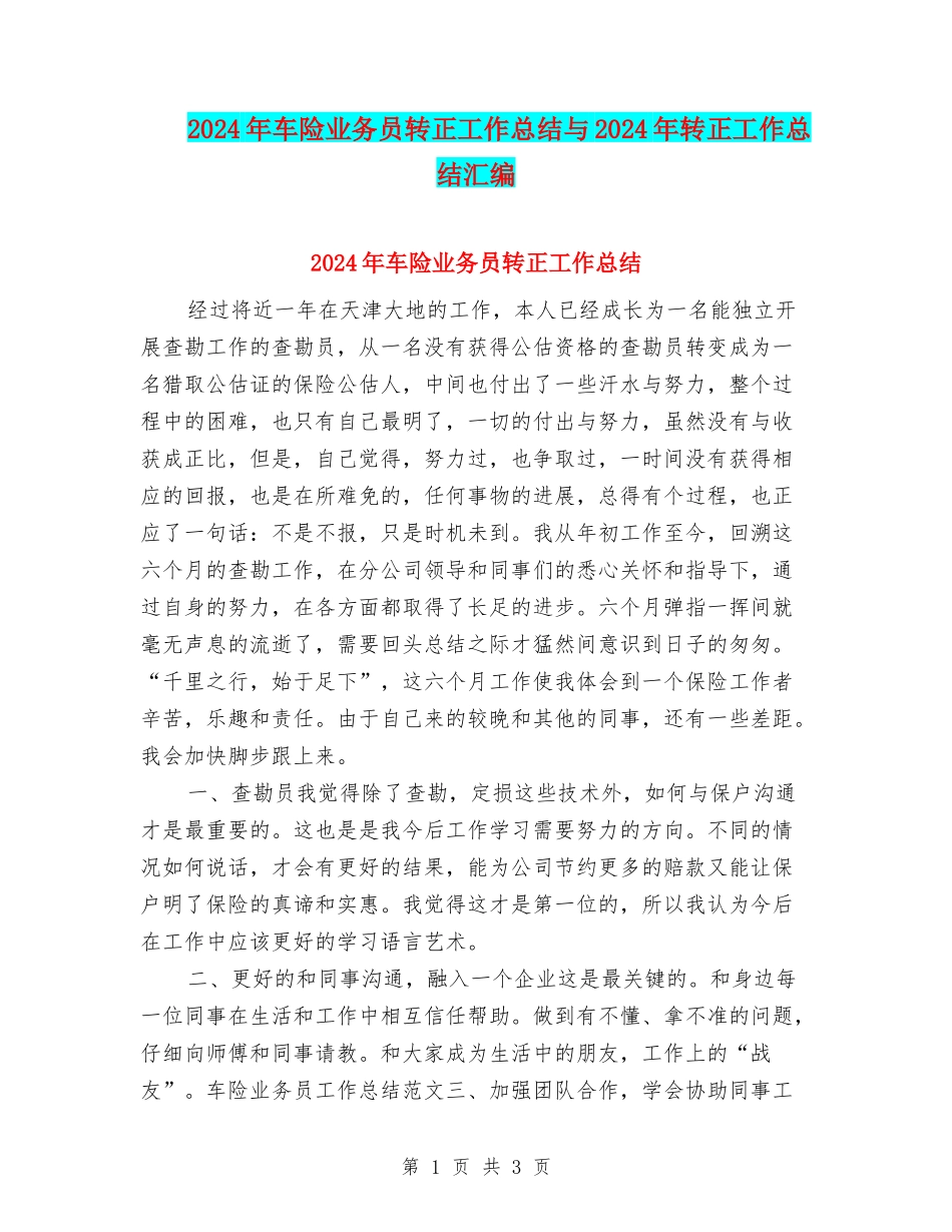 2024年车险业务员转正工作总结与2024年转正工作总结汇编_第1页