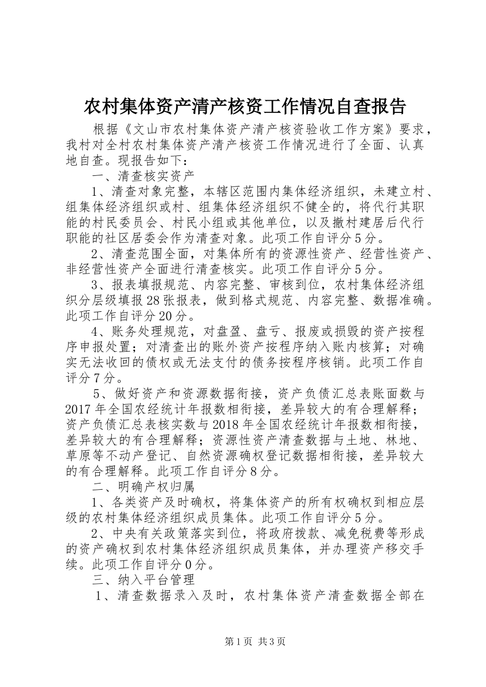 农村集体资产清产核资工作情况自查报告_第1页