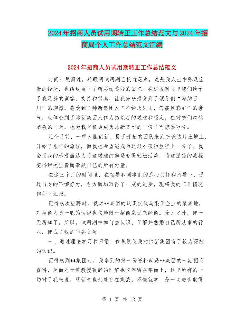 2024年招商人员试用期转正工作总结范文与2024年招商局个人工作总结范文汇编_第1页