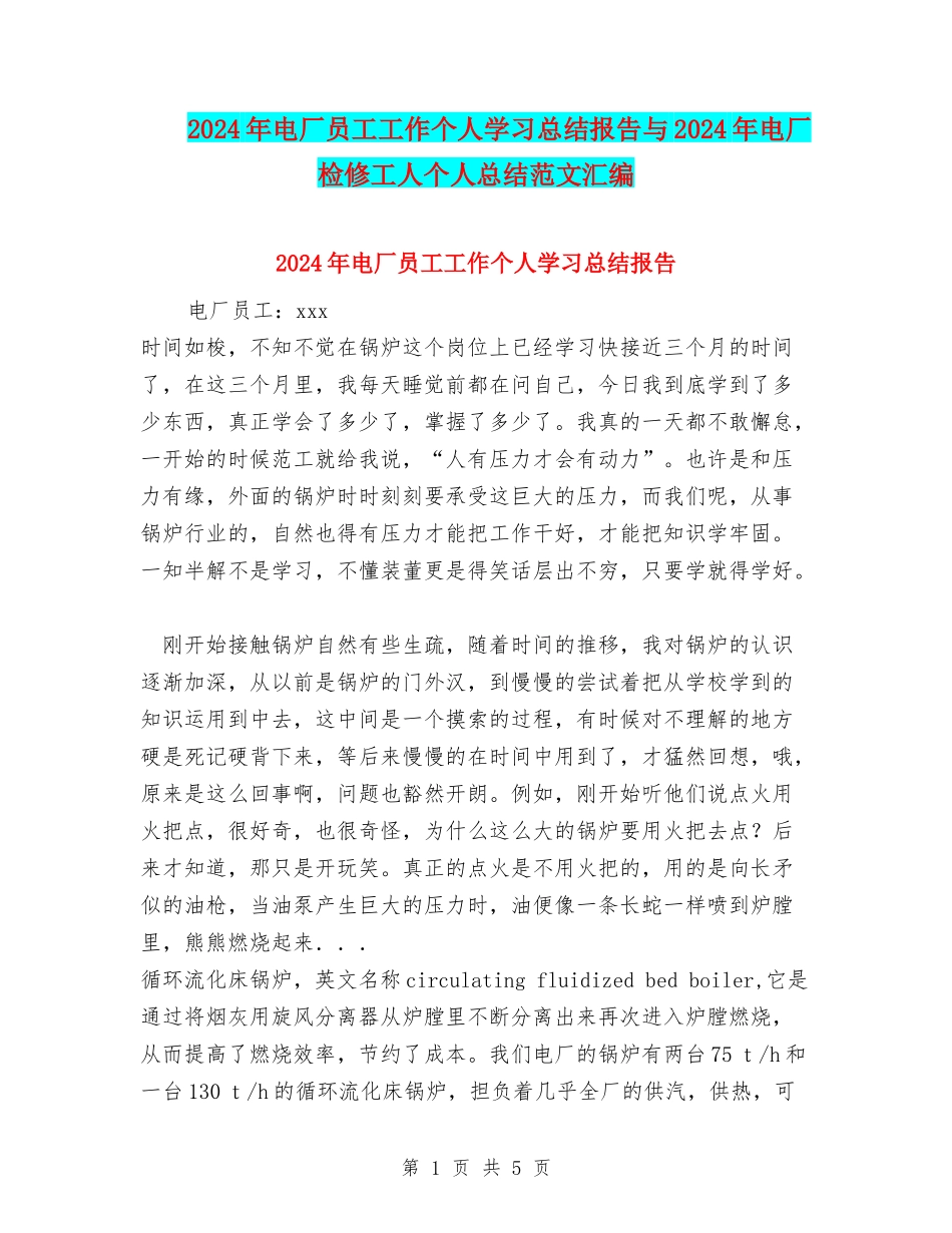 2024年电厂员工工作个人学习总结报告与2024年电厂检修工人个人总结范文汇编_第1页