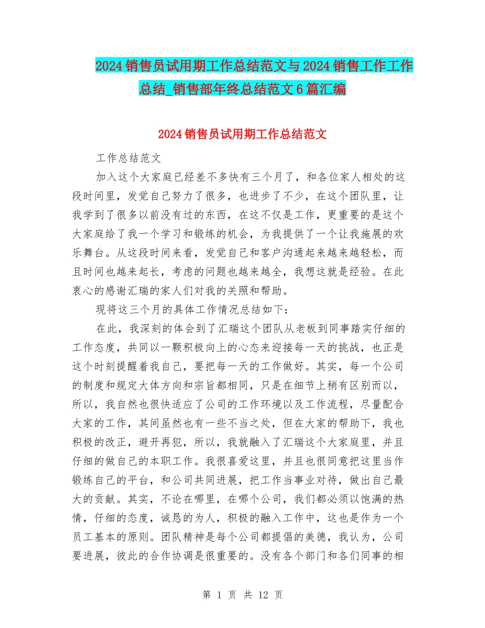 2024销售员试用期工作总结范文与2024销售工作工作总结-销售部年终总结范文6篇汇编_第1页