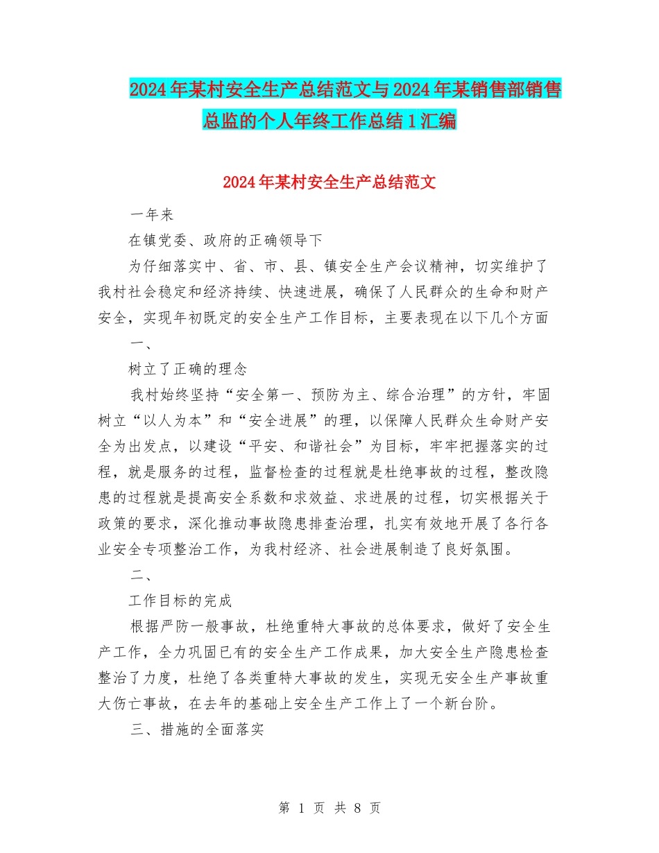 2024年某村安全生产总结范文与2024年某销售部销售总监的个人年终工作总结1汇编_第1页
