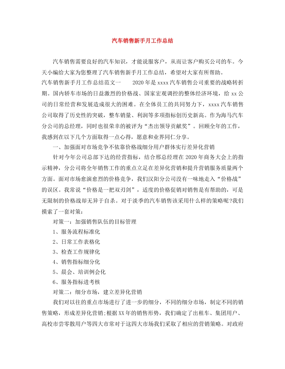 汽车销售新手月工作总结 _第1页