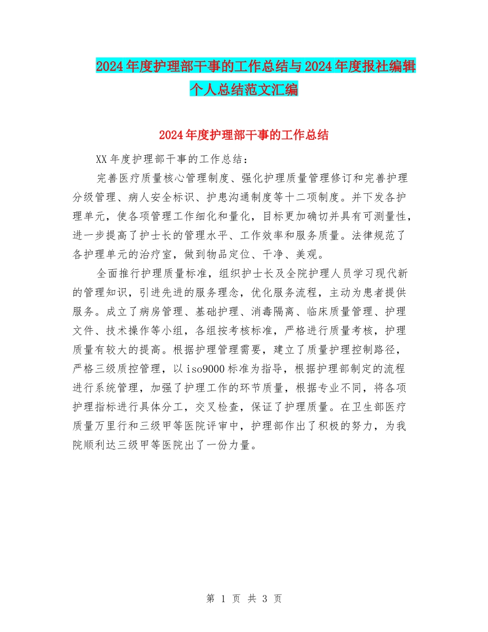 2024年度护理部干事的工作总结与2024年度报社编辑个人总结范文汇编_第1页
