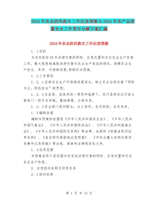 2024年农业防汛救灾工作应急预案与2024年农产品质量安全工作责任分解方案汇编